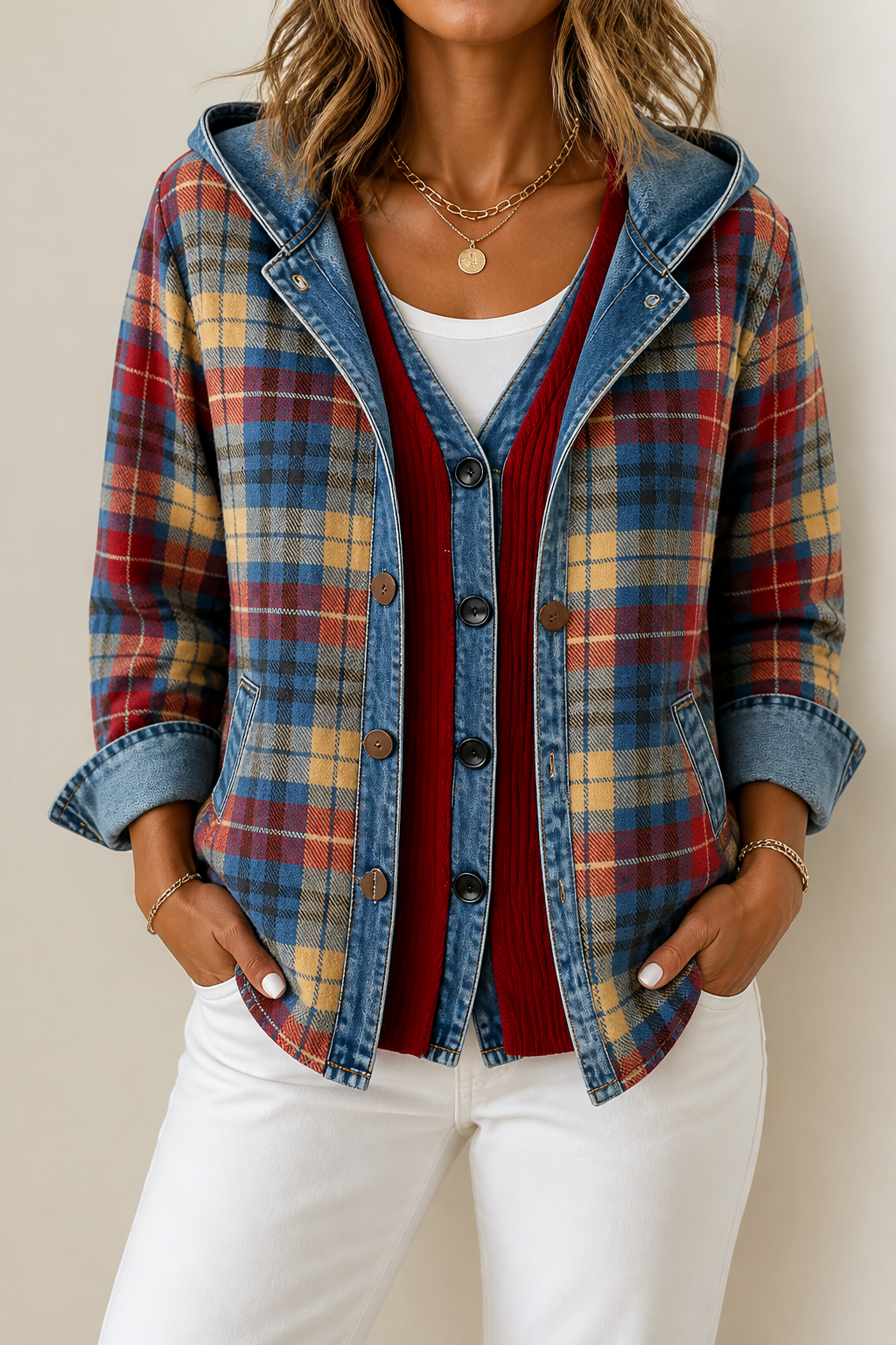 Havelyn – Denim-Trim Hooded Knit Cardigan