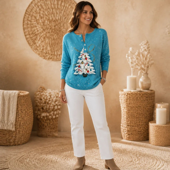 Holly Henley – Textured Christmas Tree Henley Sweater