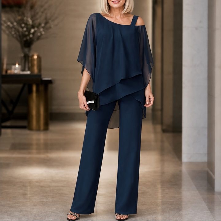 Elowen – Asymmetrical Chiffon Overlay Wide-Leg Pants Set