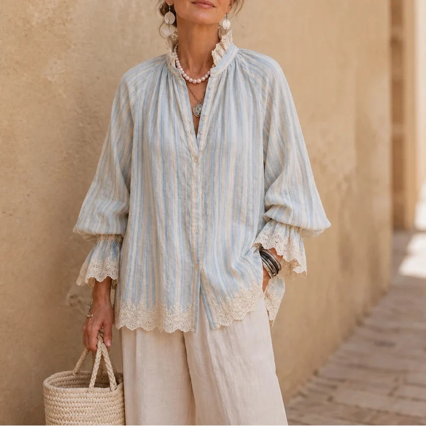Lacey Lane – Striped Lace-Trim Linen-Blend Shirt