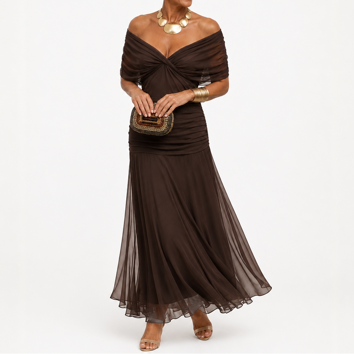 Veloura – Off-The-Shoulder Draped Mermaid Maxi Dress