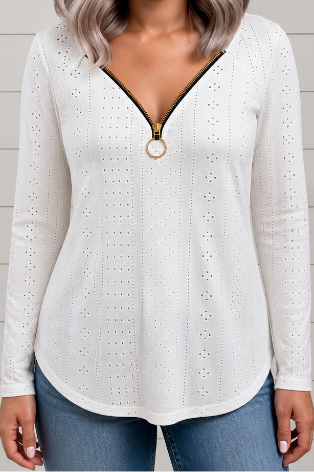 Wearbella – Pointelle Knit Zip-Neck Top