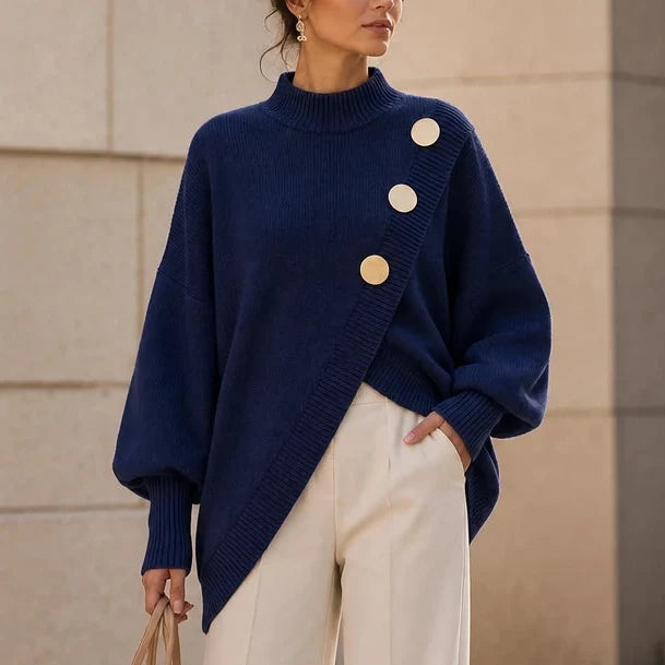 Hemline – Asymmetric Mock-Neck Button Knit Sweater