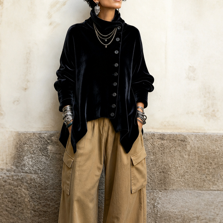 Velvara – Asymmetric Button Velvet Turtleneck Top