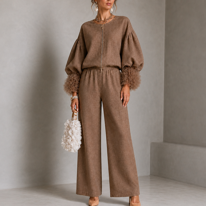 Wearlyn – Tulle-Cuff Balloon Sleeve Top And Pants Set