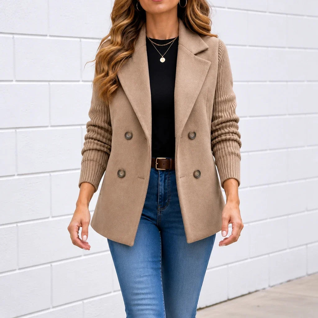 Celeste – Suede-Look Double-Breasted Knit-Sleeve Jacket