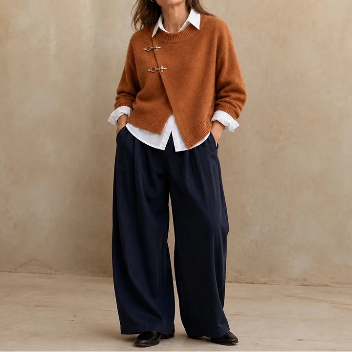 Caramelia – Asymmetric Toggle-Front Knit Cardigan
