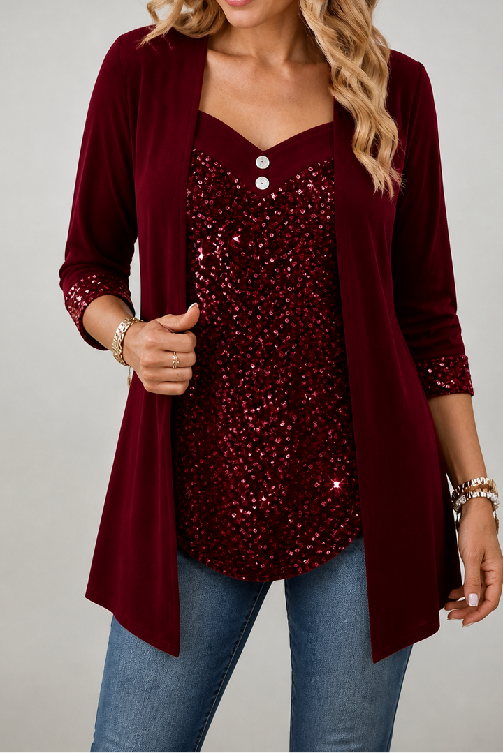 Veluxe Duo – Sequin Front Mock-Layer Evening Top