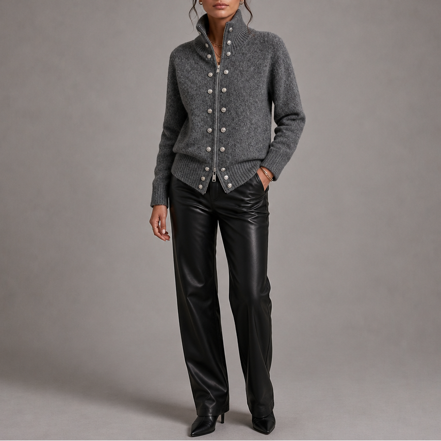 Wearvale – Two-Way Zip High-Neck Knit Cardigan