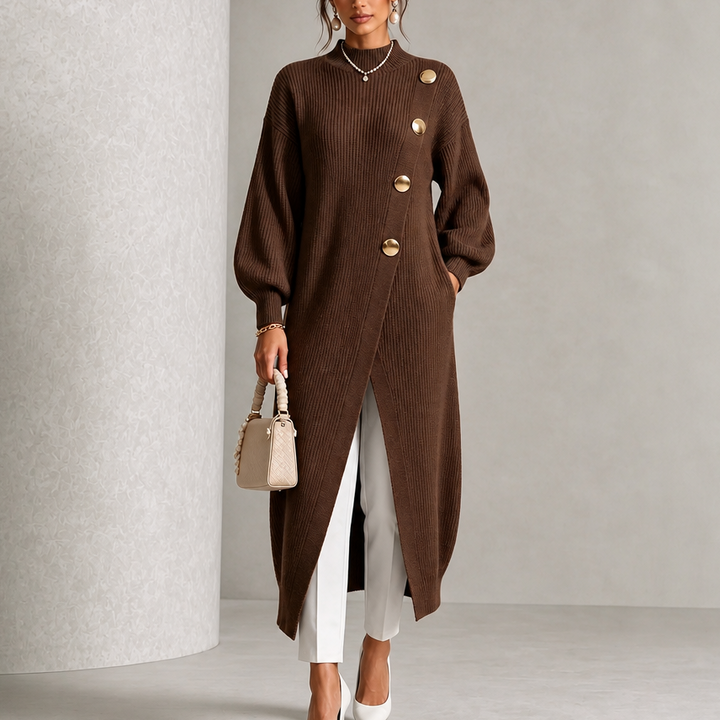 Wearbella – Gold-Tone Button Asymmetric Ribbed Knit Tunic