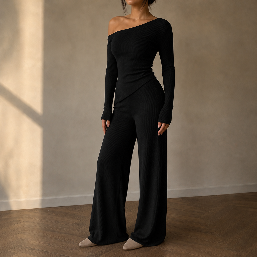 Veloura – Off-Shoulder Long-Sleeve Wide-Leg Pants Set