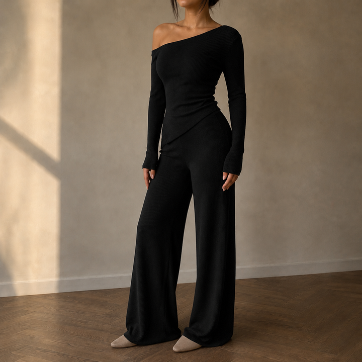 Veloura – Off-Shoulder Long-Sleeve Wide-Leg Pants Set