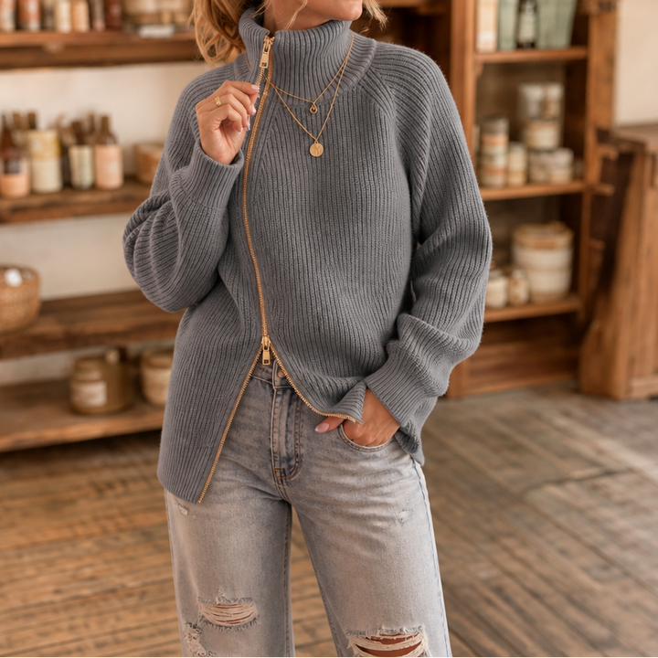Wearbella – Asymmetric Zip Ribbed Knit Sweater
