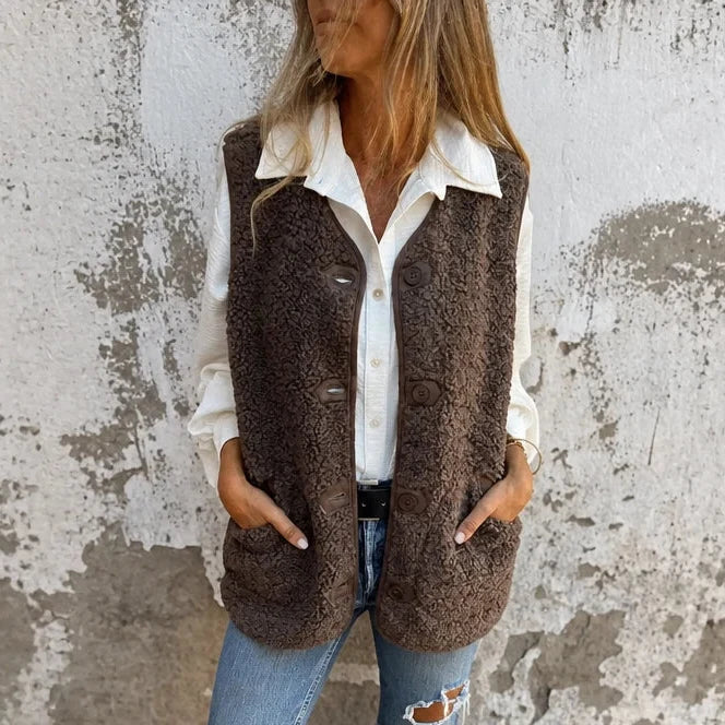 Autumna – Fleece-Look Button-Front Pocket Vest