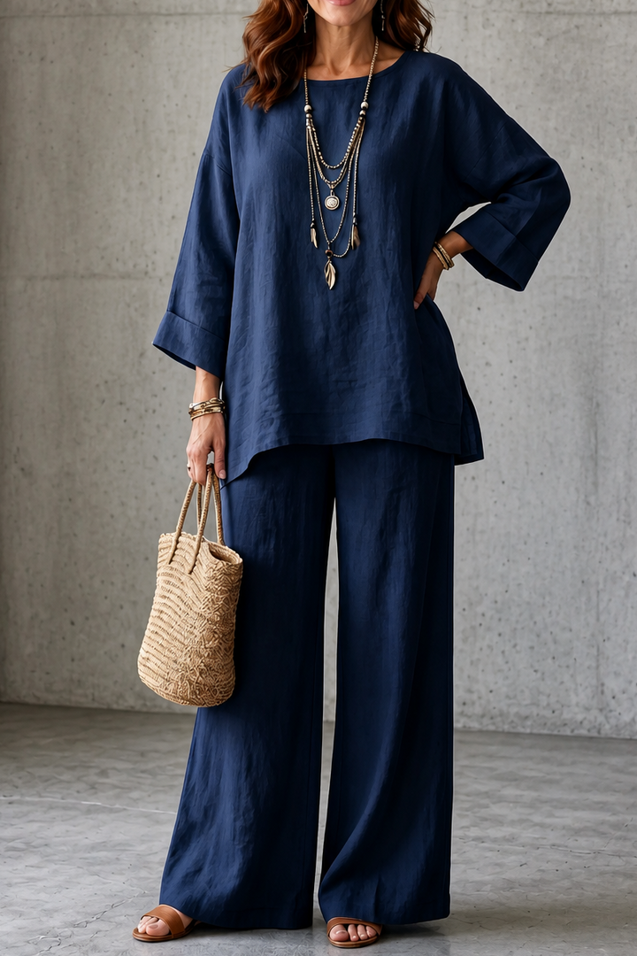 Wearlette – Linen-Look Wide-Leg Two-Piece Set