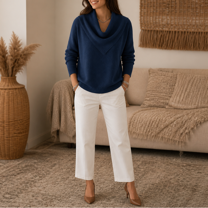 Collarvie – Draped Open-Collar Cowl Neck Sweater