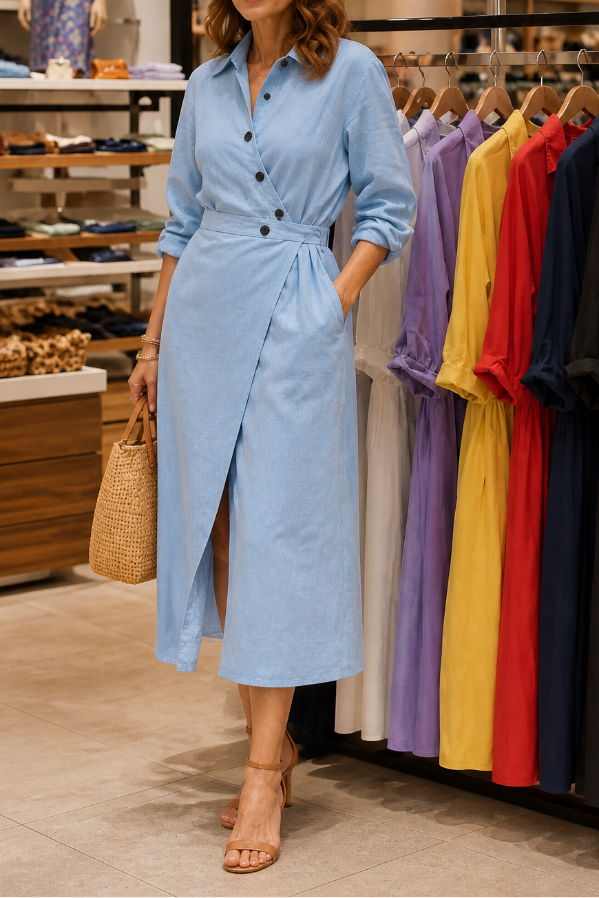 Wrapdaily – Wrap-Belt A-Line Midi Shirt Dress With Pockets