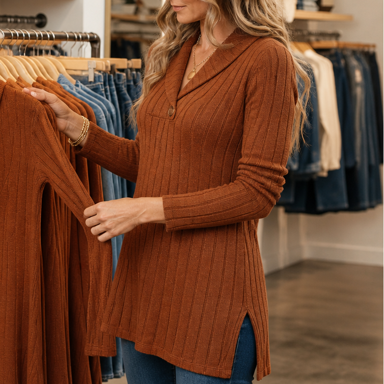 Curvella – Ribbed V-Neck Slim Fit Knit Top