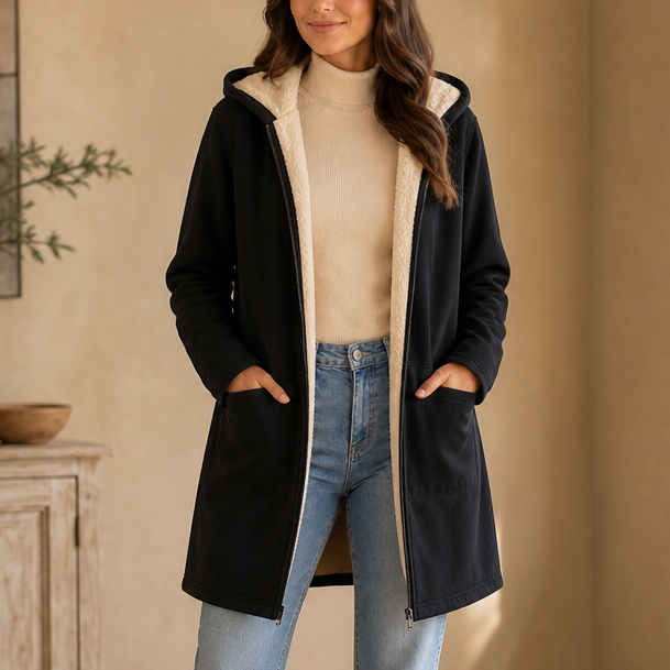 Cozelle – Fleece-Lined Look Hooded Mid-Length Jacket