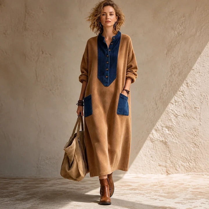 Boho Casual Cozy Colorblock Faux Suede Maxi Dress