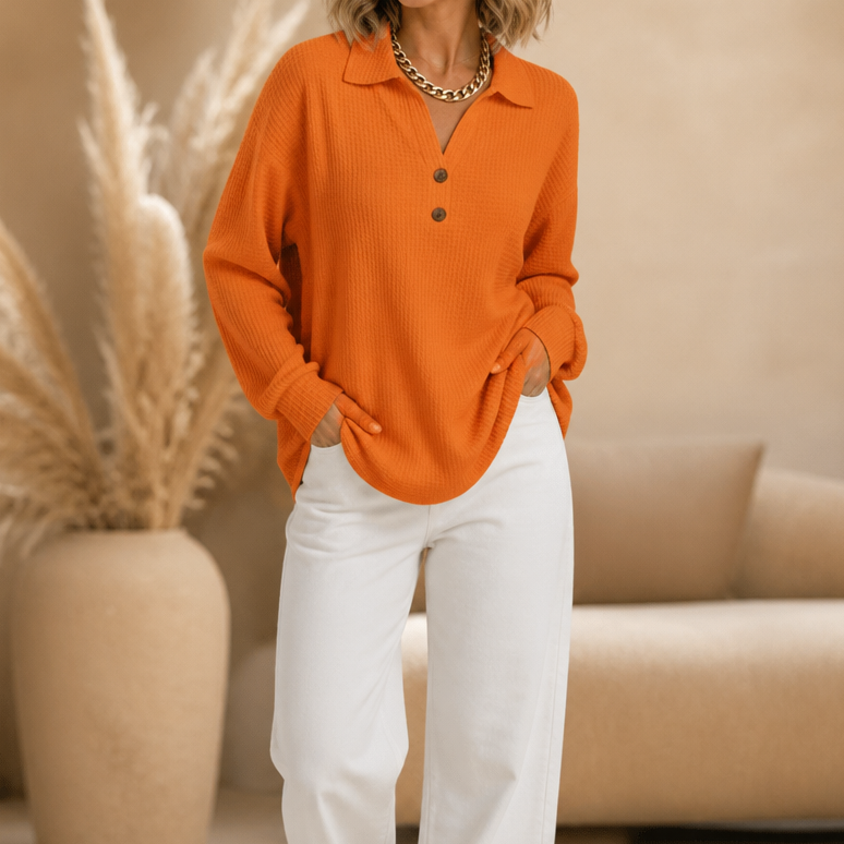 Wafelle – Waffle-Knit V-Neck Button Placket Top