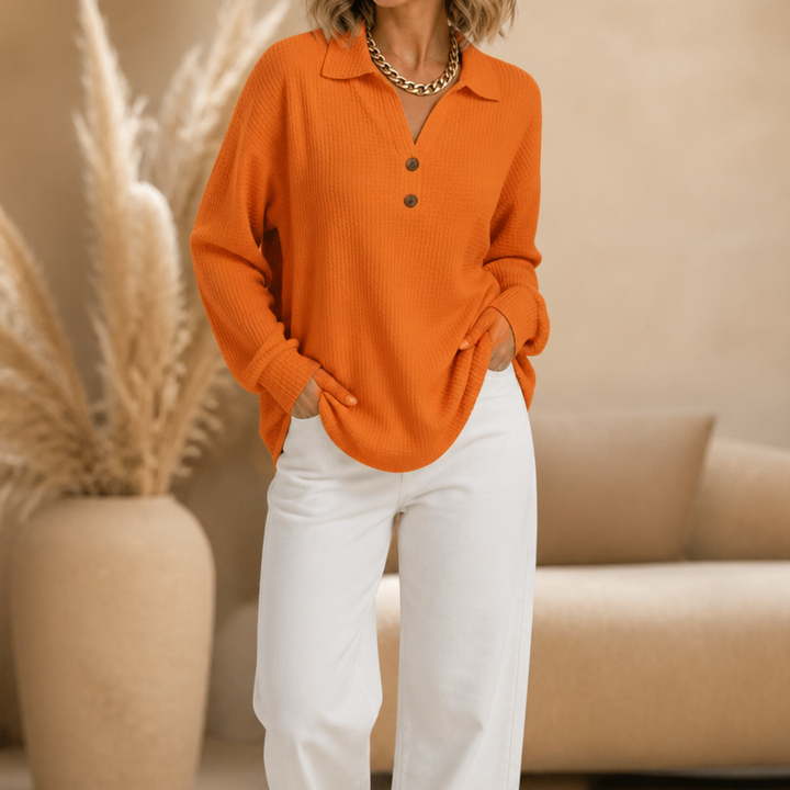 Wafelle – Waffle-Knit V-Neck Button Placket Top