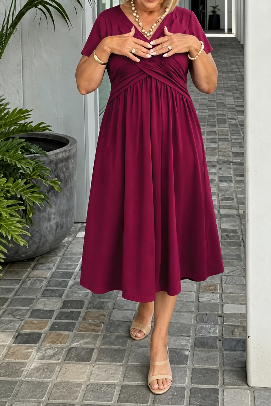 Wearbella – Crossover V-Neck Pleated Pocket Midi Dress