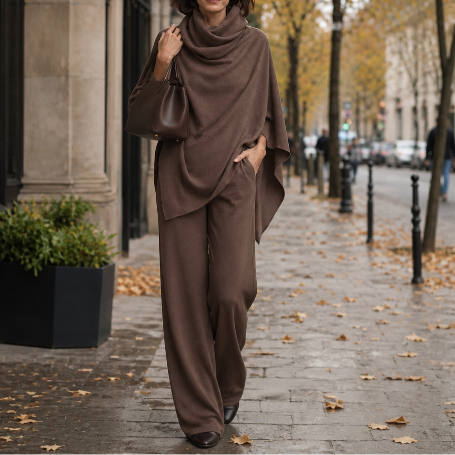 Draperie – Cowl-Neck Cape Top And Wide-Leg Trousers Set