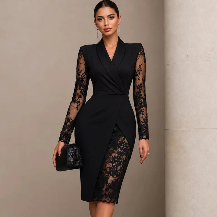 Belleform – Lace-Sleeve Blazer-Wrap Asymmetric Hem Dress