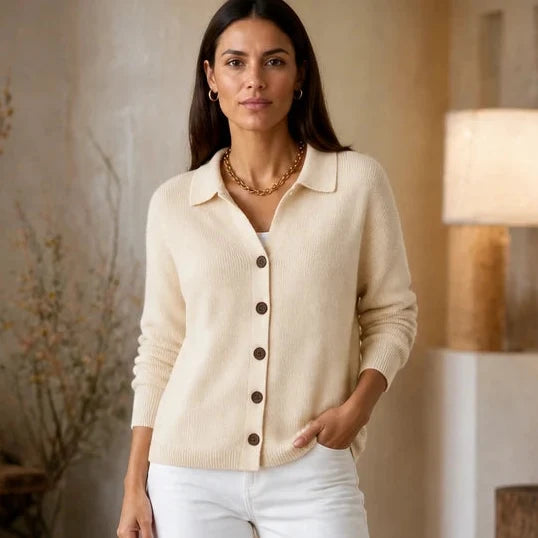 Wearbella – Contrast-Button Turn-Back Collar Knit Cardigan