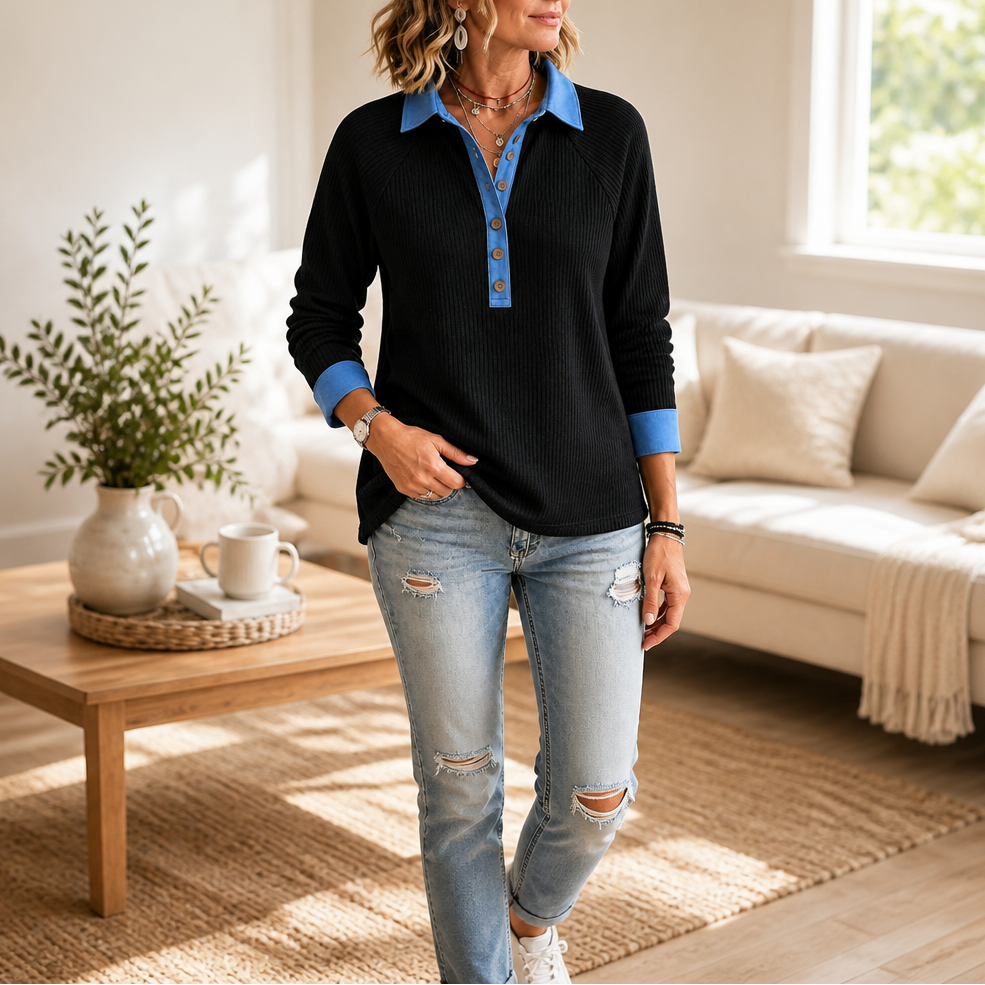 Denimelle – Denim-Trim V-Neck Knit Top