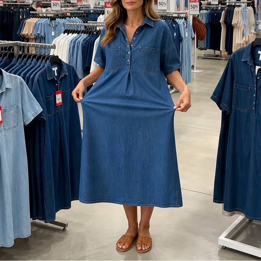 Denimly – Pocketed Shirt Collar Denim Midi Dress