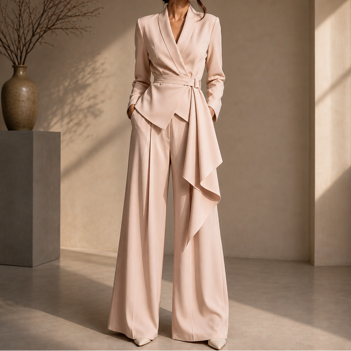 Drapevera – Buckle-Belted Wrap Blazer And Wide-Leg Trouser Set