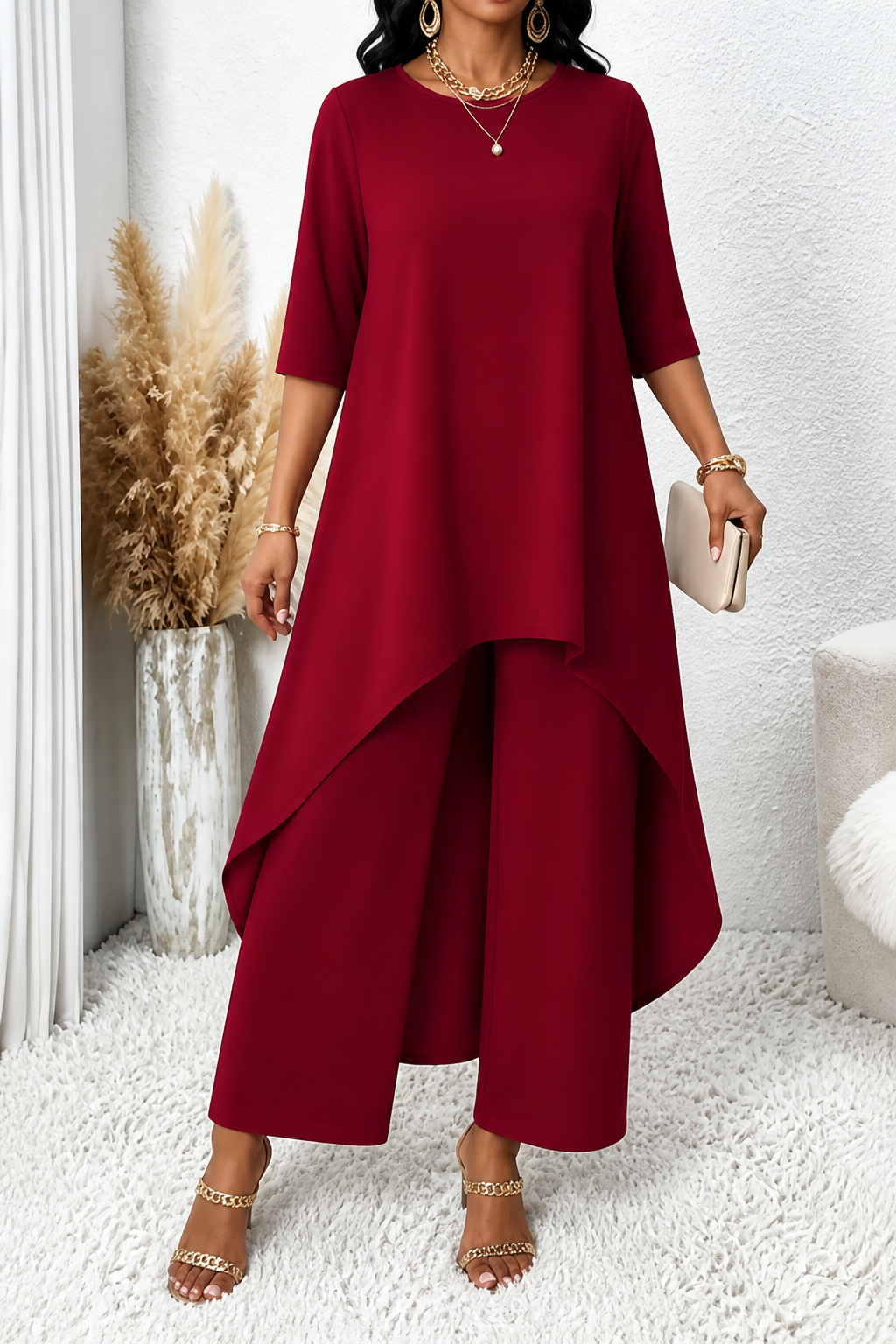 Lineve – Asymmetric Diagonal-Hem Top And Wide-Leg Pants Set