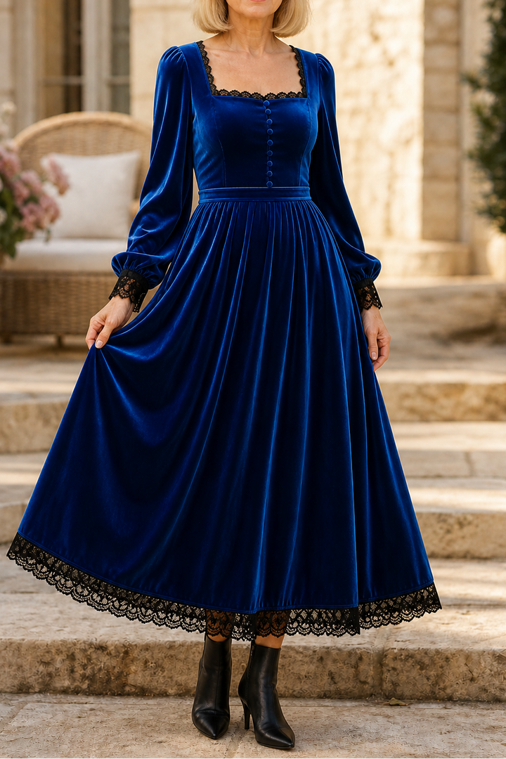 Velourette – Square Neck Fitted Waist Velvet-Look Midi Dress