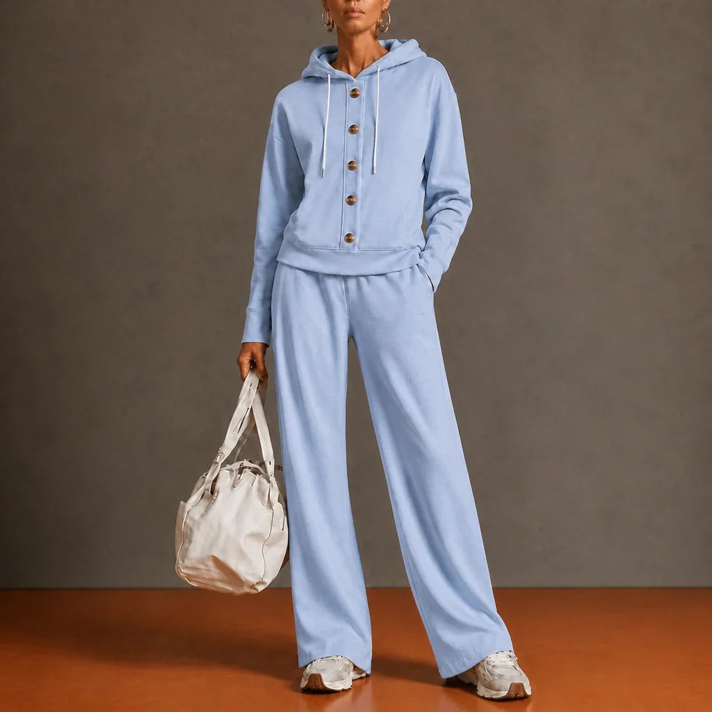 French Terry Button-Front Hoodie And Wide-Leg Sweatpants Set