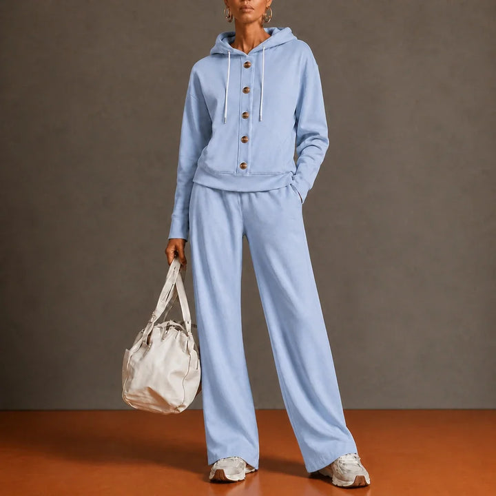 French Terry Button-Front Hoodie And Wide-Leg Sweatpants Set