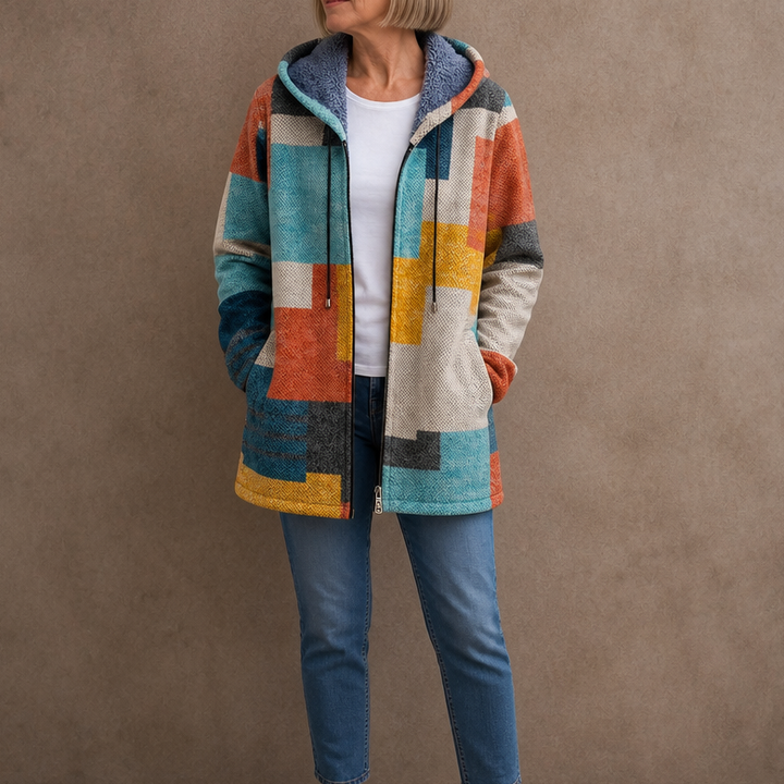 Patchwork Muse – Colorful Patchwork Hooded Cardigan