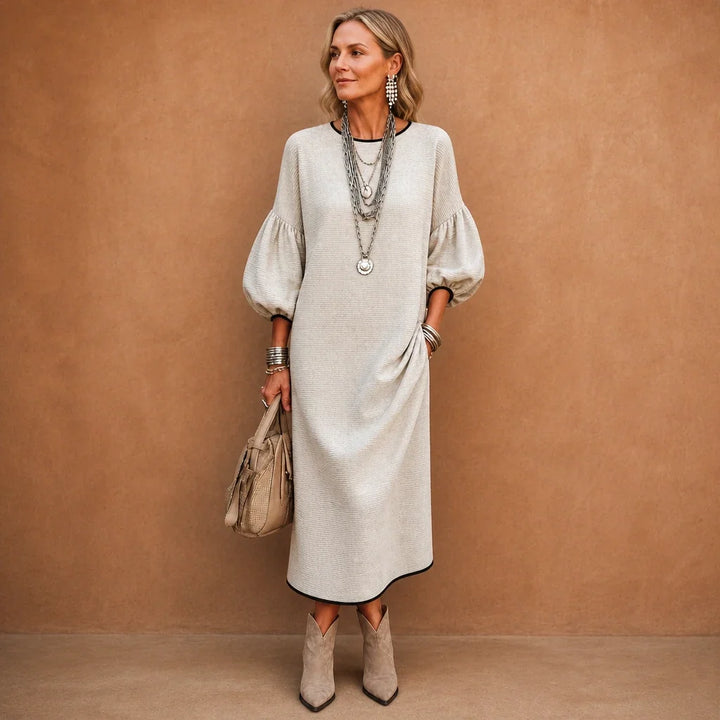 Vivelyn – Textured Knit Puff Sleeve Midi Dress