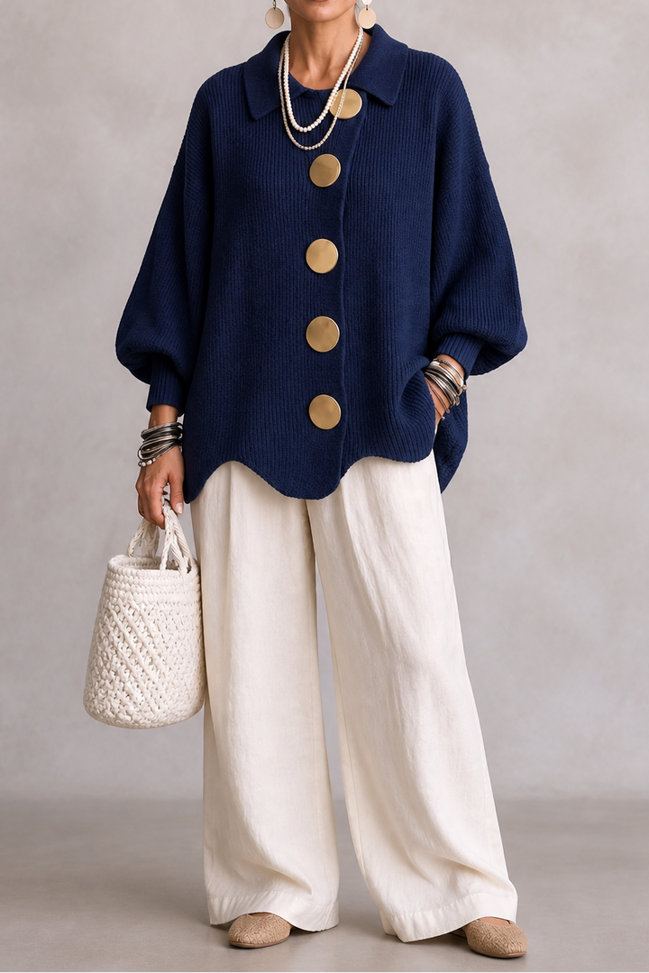 Wearbella – Oversized Scalloped-Hem Button Cardigan