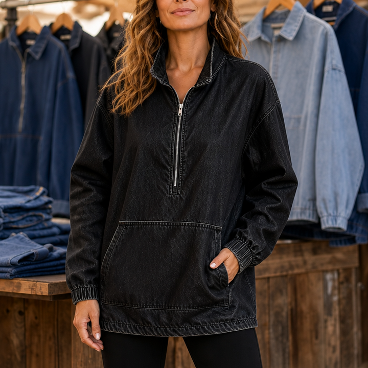Half-Zip Haven – Washed Denim-Look Half-Zip Pullover