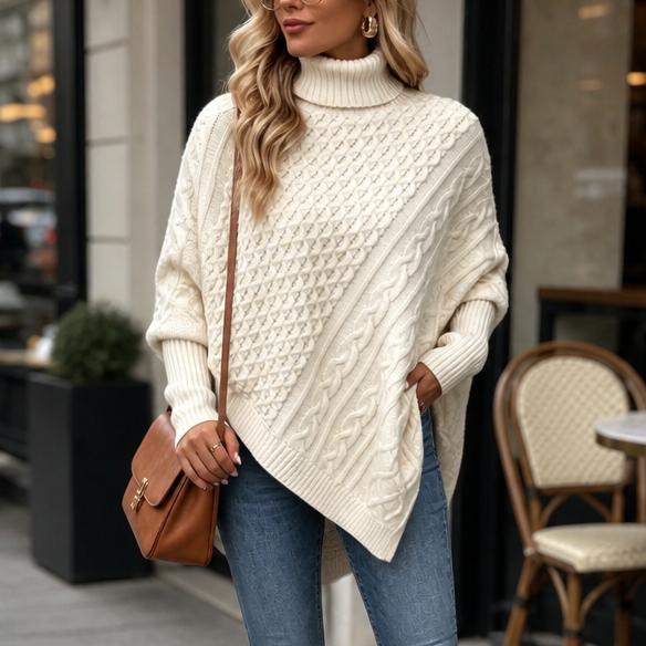 Cabelune – Cable-Knit Asymmetric Poncho Sweater