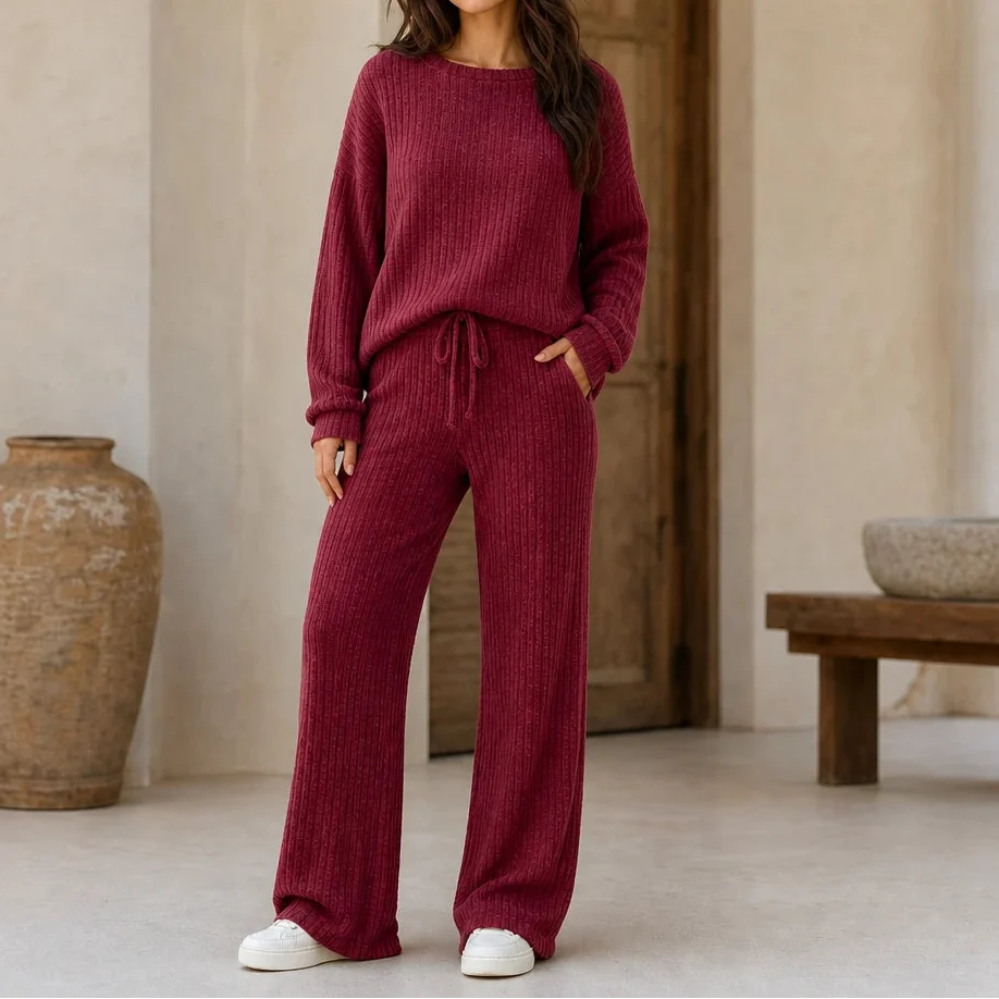 Softhaven – Ribbed Drop-Shoulder Sweater And Wide-Leg Pants Set