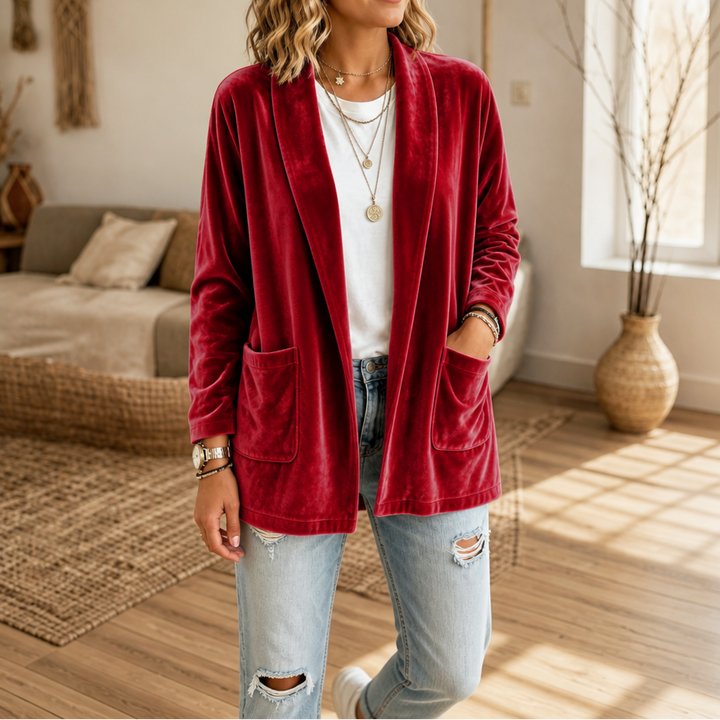 Velvetelle – Textured Velvet Shawl-Collar Open-Front Cardigan