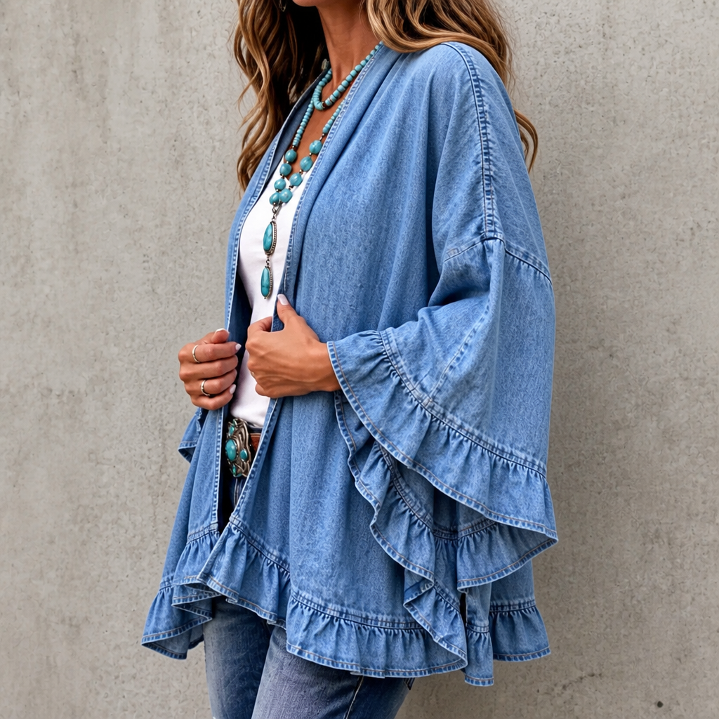 Ruffledenim – Ruffle-Trim Open-Front Denim Look Cardigan
