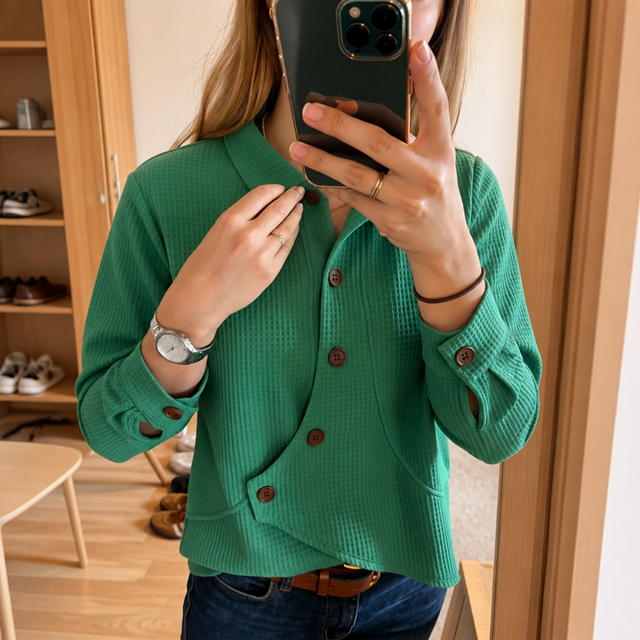 Draperau – Waffle-Knit Asymmetric Placket Top