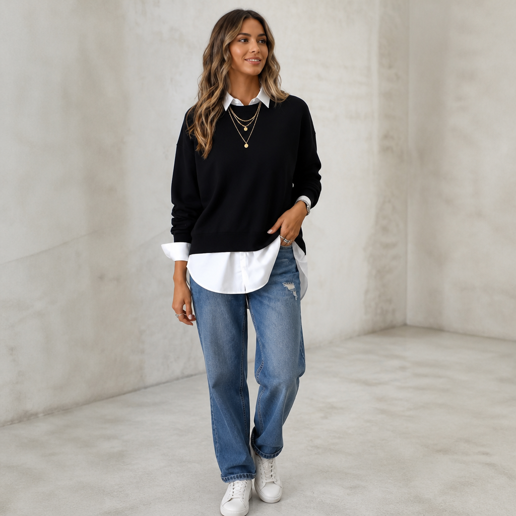 Averlyn – Layered Mock Shirt Collar Crewneck Sweatshirt