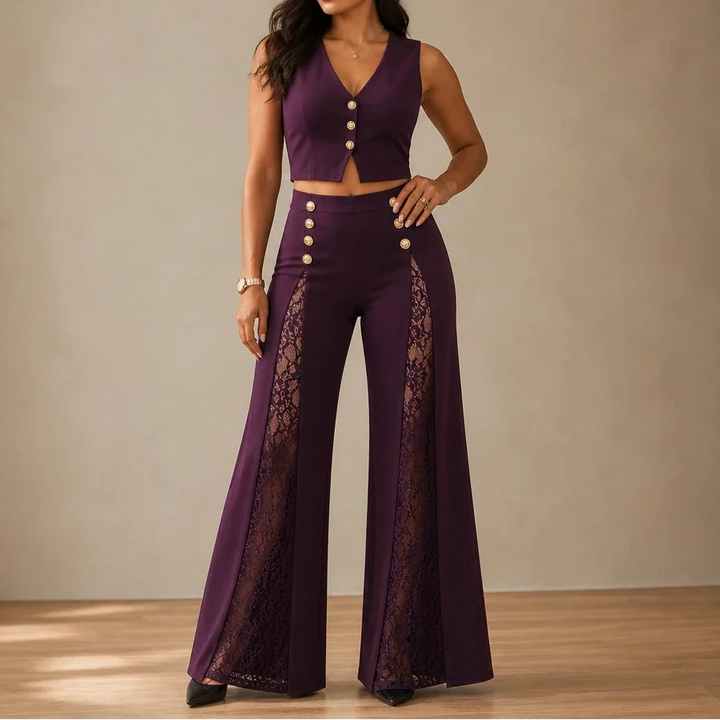 Wearbella – Floral Lace Panel High-Waisted Wide-Leg Trousers