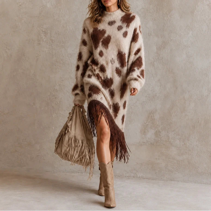 Fringefield – Cow-Print Knit Fringe-Hem Sweater Dress