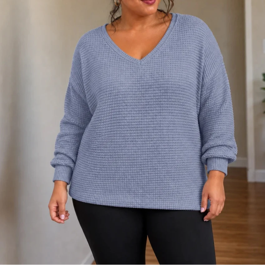 Vellune – V-Neck Waffle-Knit Long Sleeves Sweater